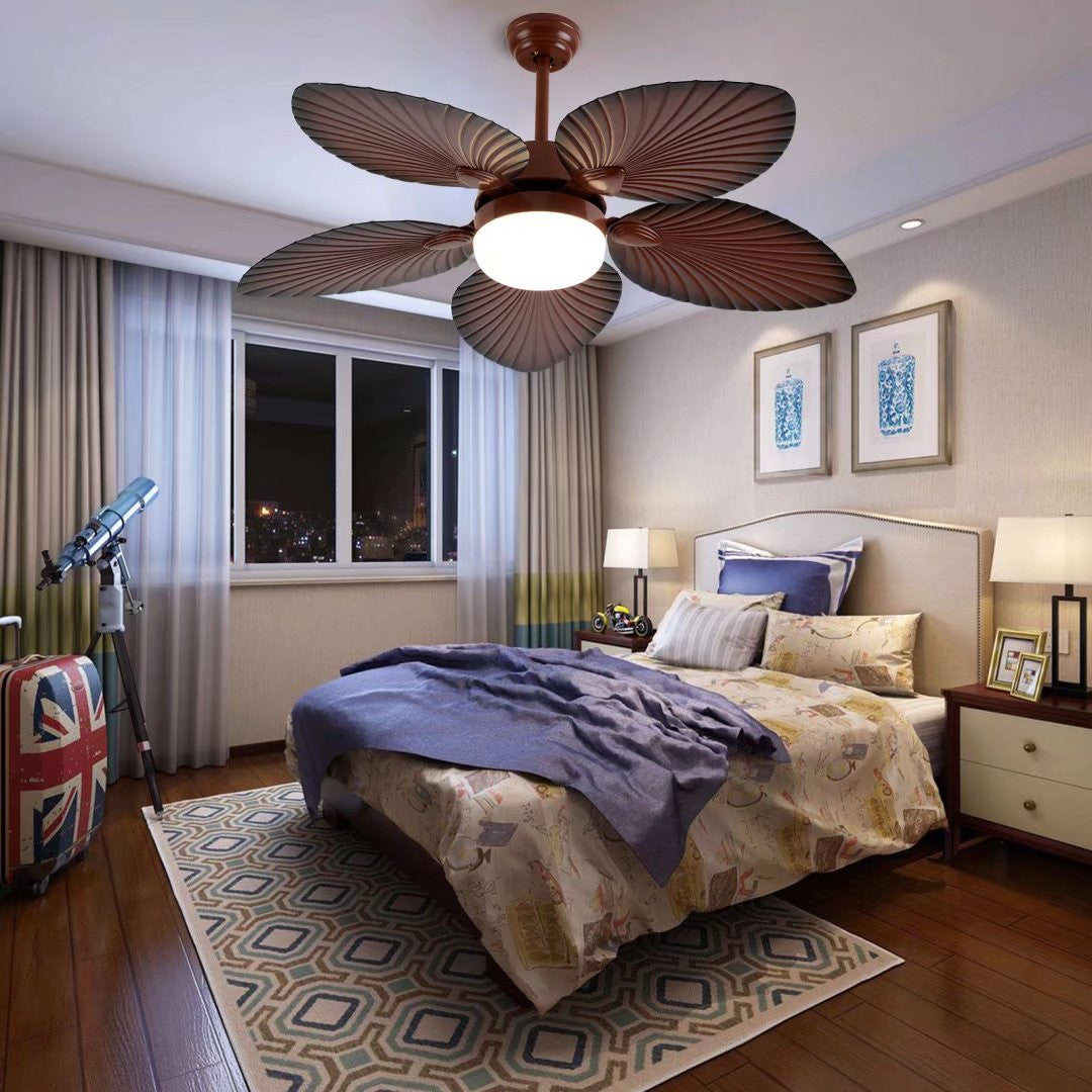 Brown Tropical Palm Metal Ceiling Lamp And Fan