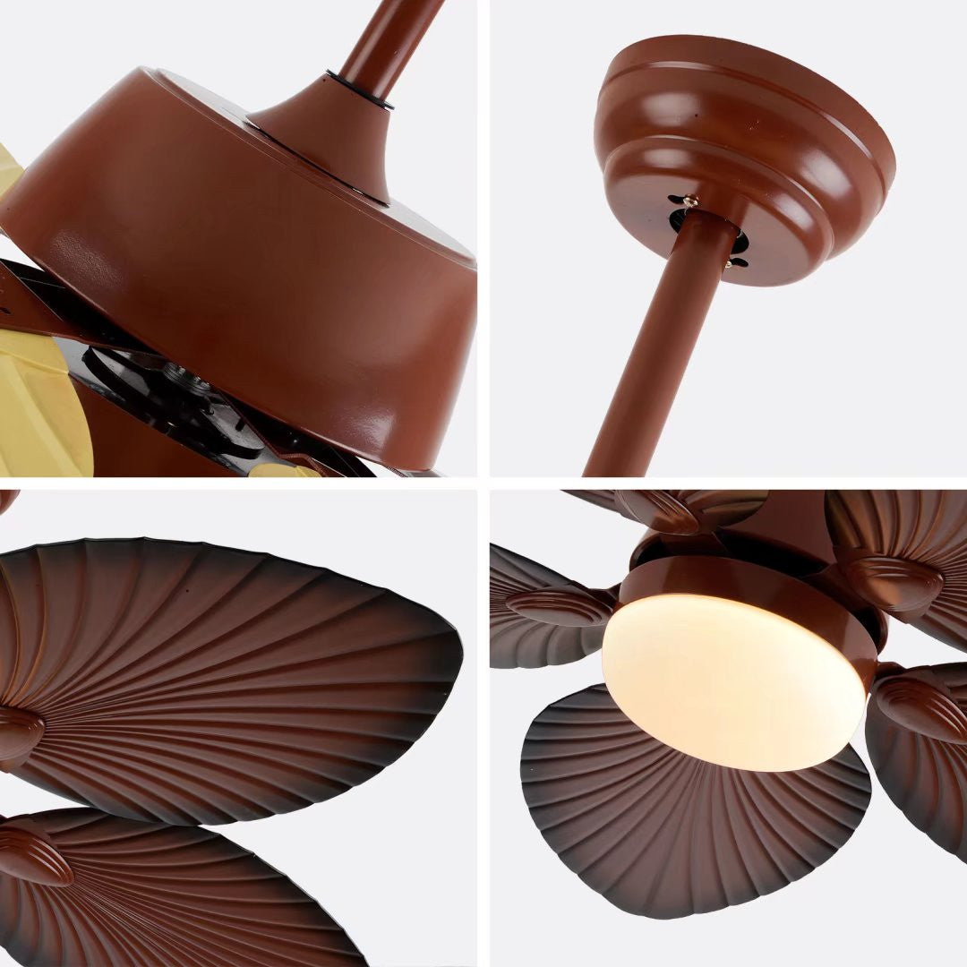 Brown Tropical Palm Metal Ceiling Lamp And Fan