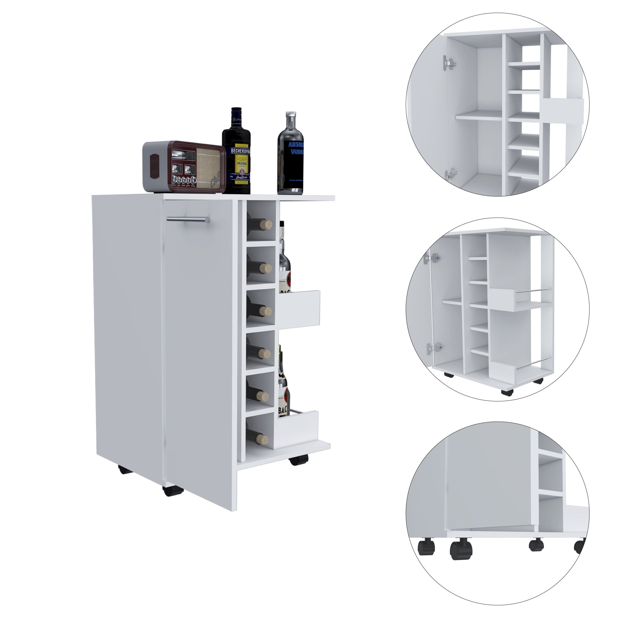 White Rolling Bar Cart With Wine Storage