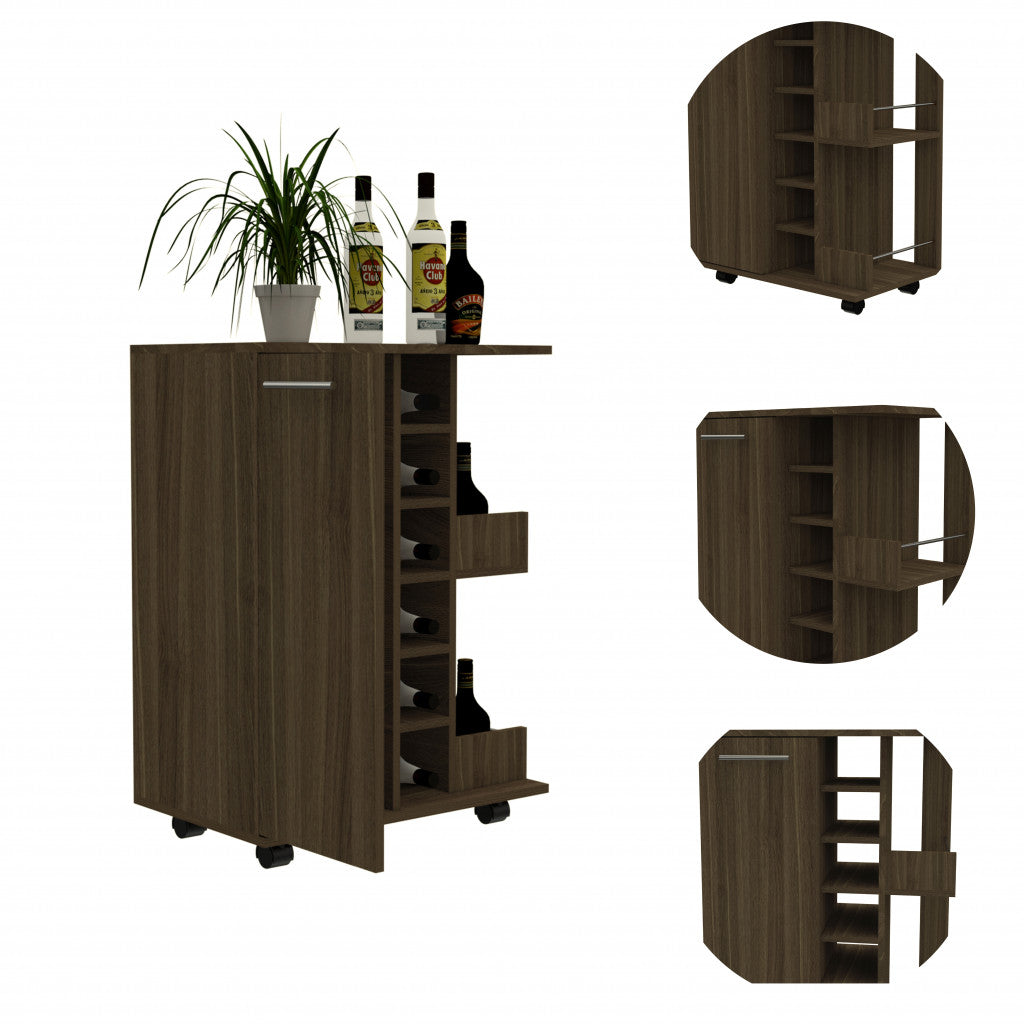 Brown Rolling Bar Cart With Wine Storage