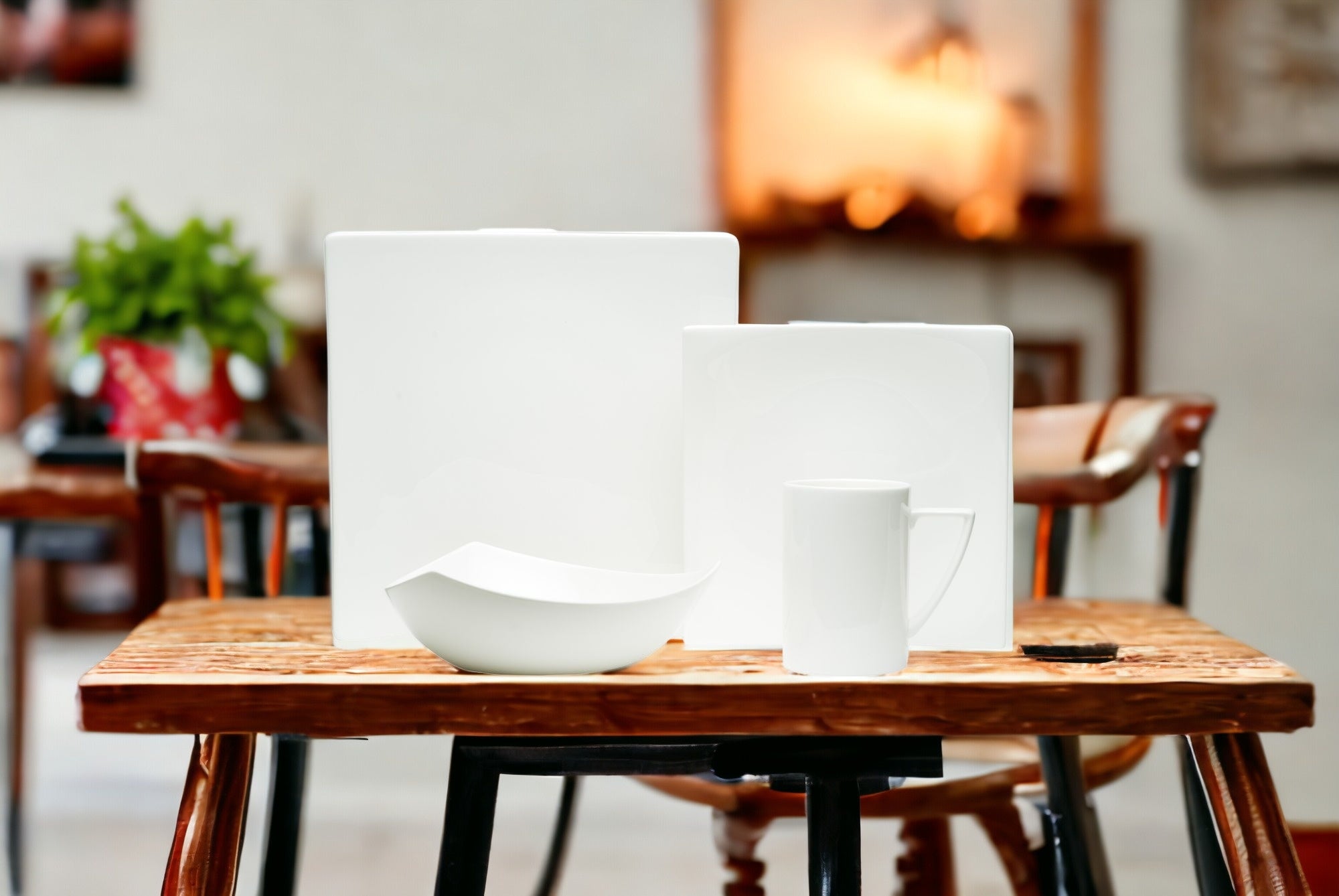 White Four Piece Square Bone China Dinnerware Set