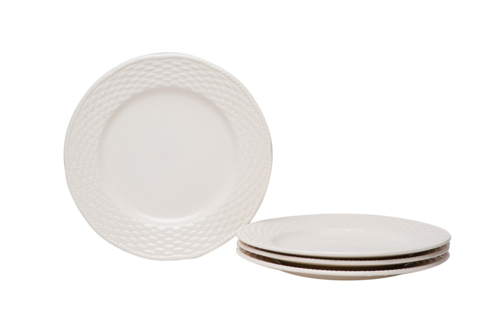 White Four Piece Round Weave Stoneware Service For Four Salad Plate Set