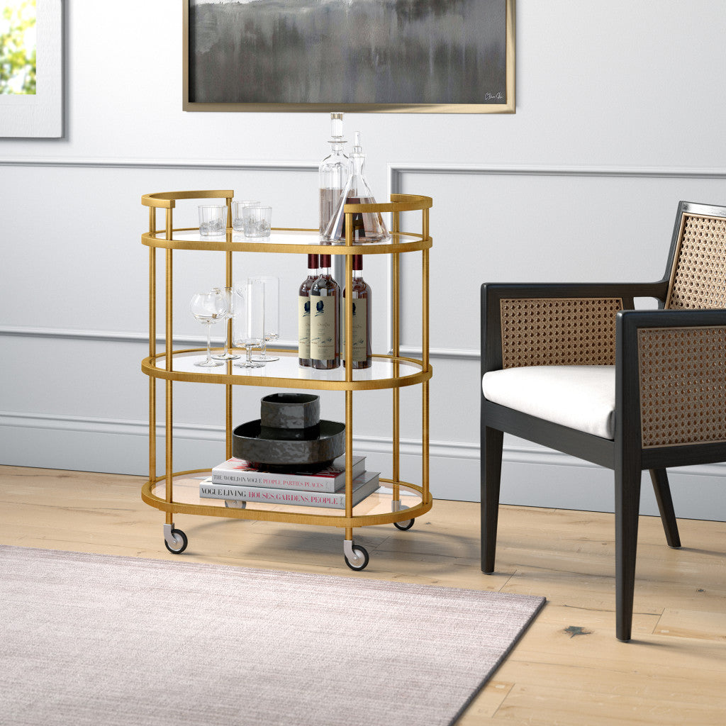Brass Steel And Glass Oval Rolling Bar Cart