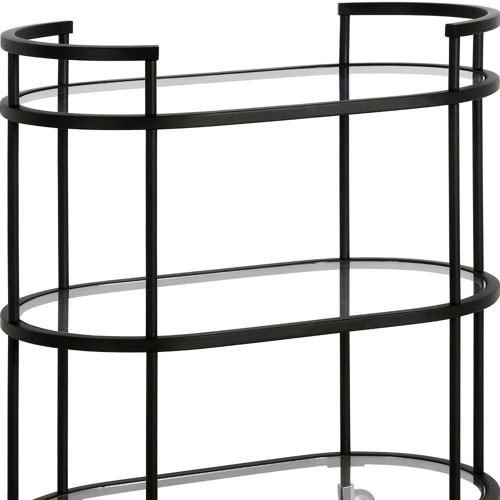 Black Steel And Glass Oval Rolling Bar Cart