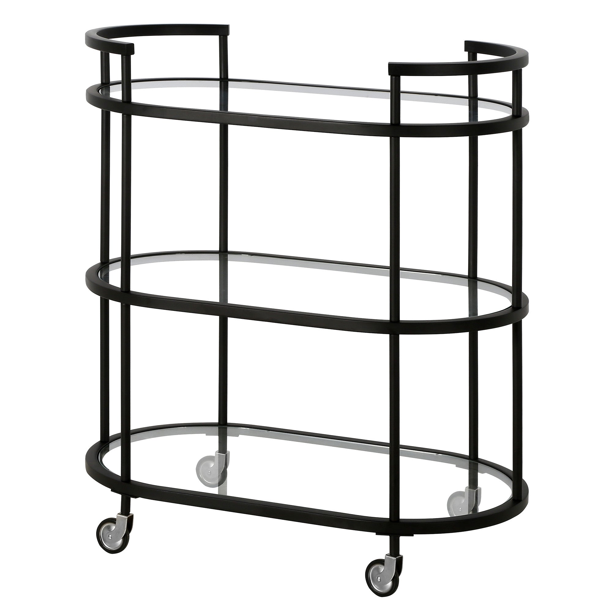 Black Steel And Glass Oval Rolling Bar Cart
