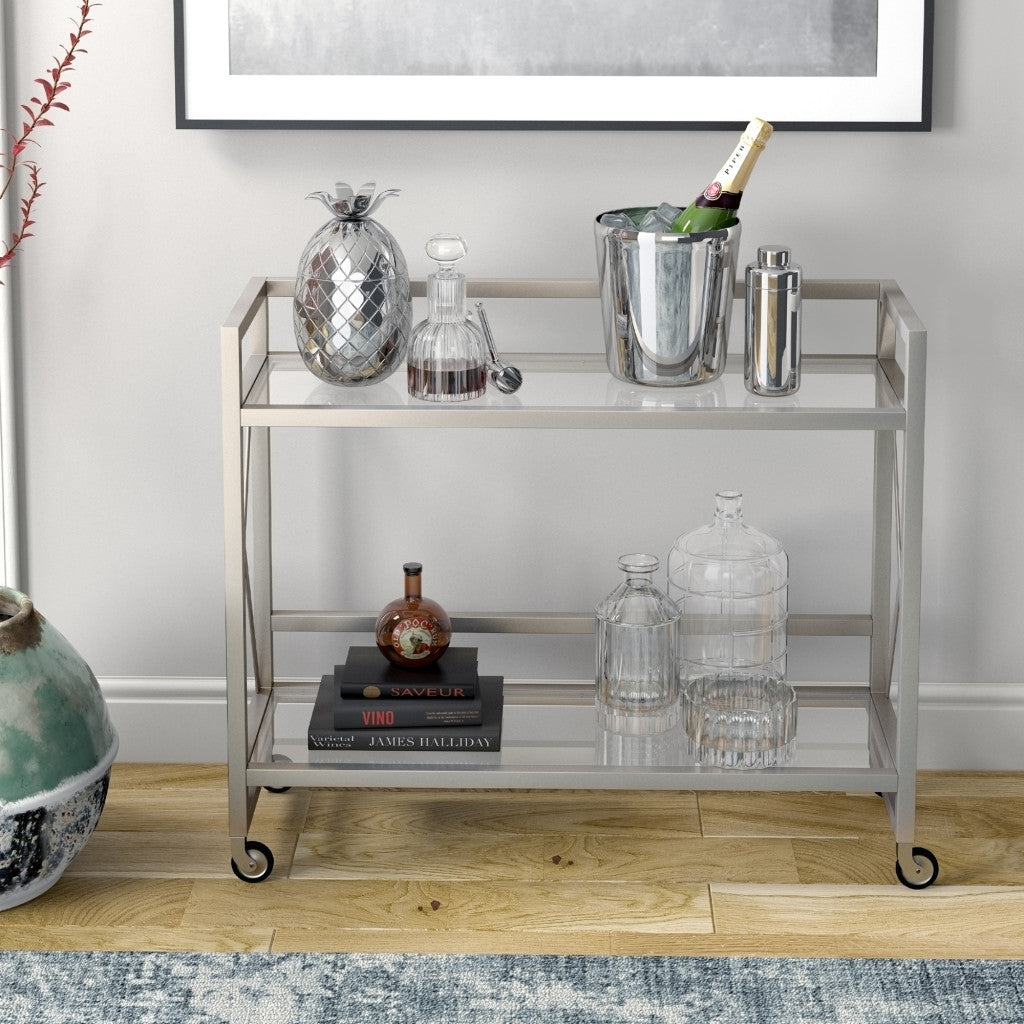 Nickel Steel And Glass Rolling Bar Cart