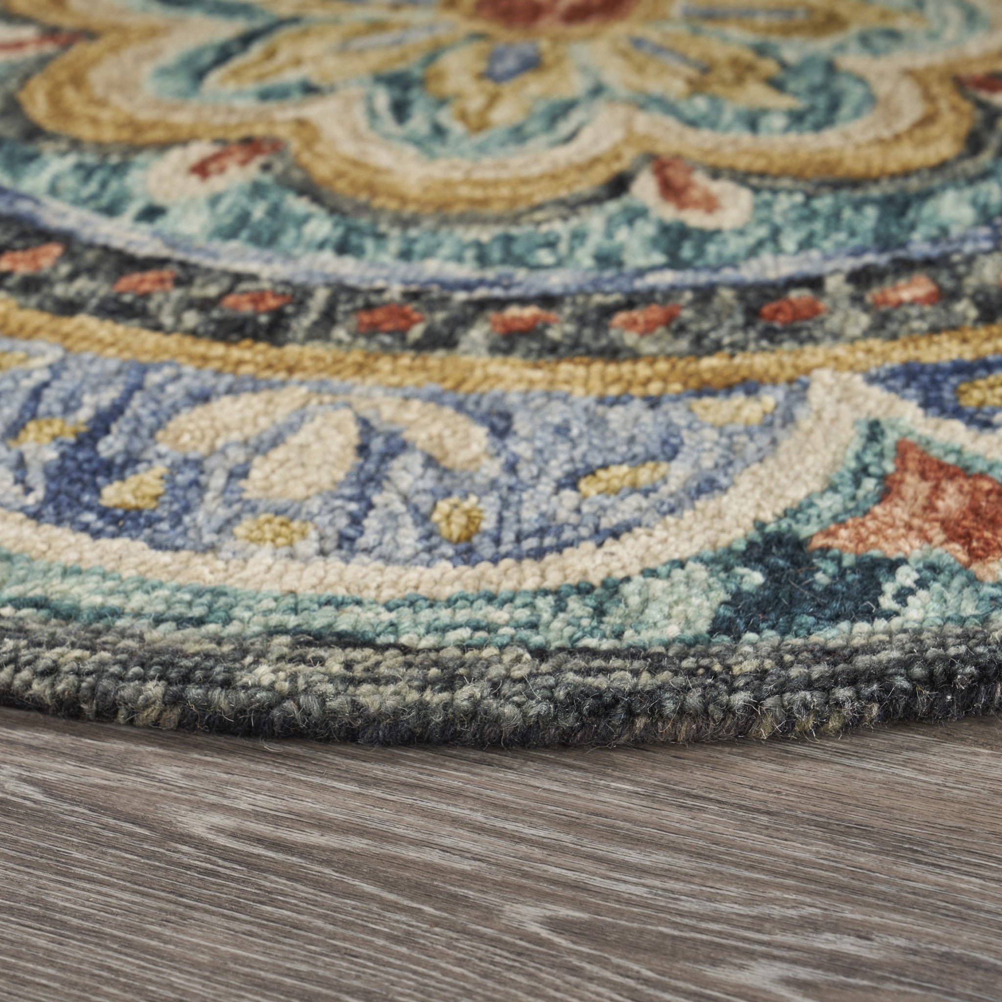 4' Blue Round Wool Floral Hand Tufted Area Rug