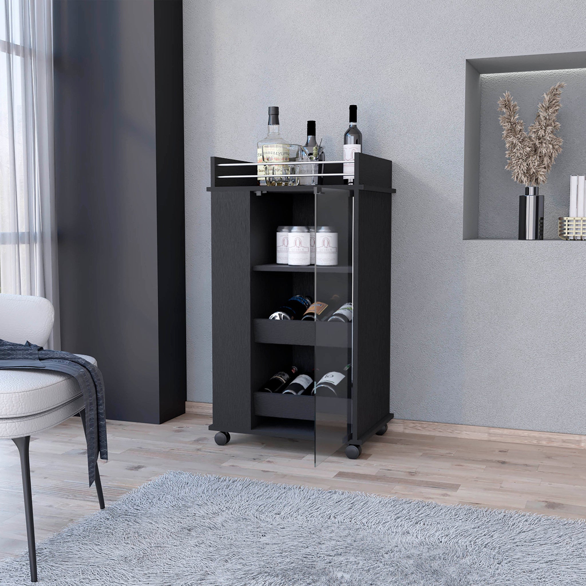 Black Rolling Bar Cart With Wine Storage