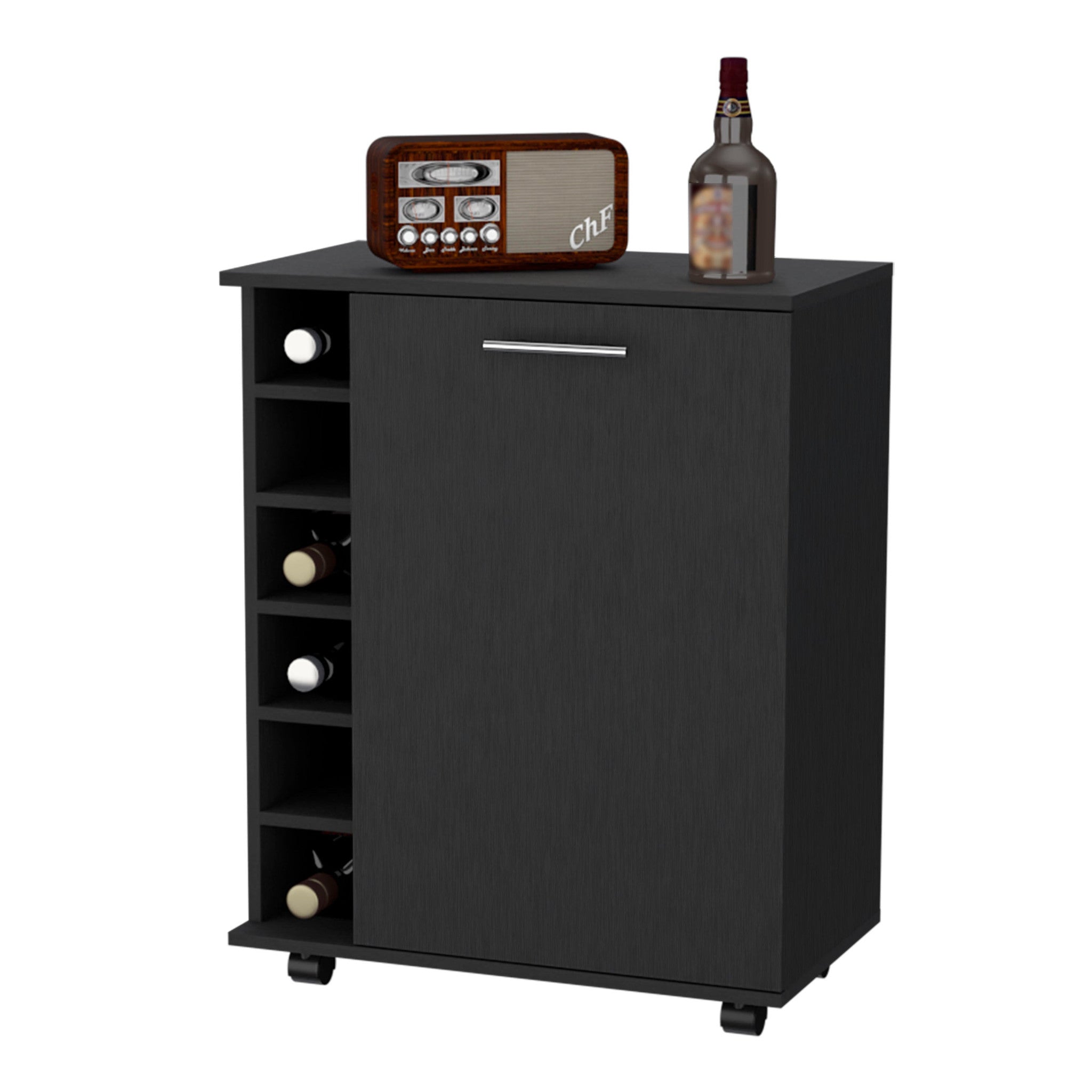Black Rolling Bar Cart With Wine Storage